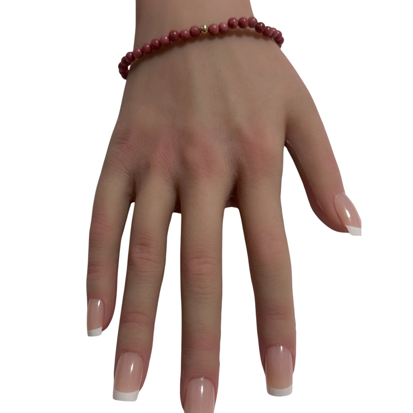 Rhodonite Gemstone Beaded Stretch Bracelet 14K Gold Accent Bead Handmade - Rafant