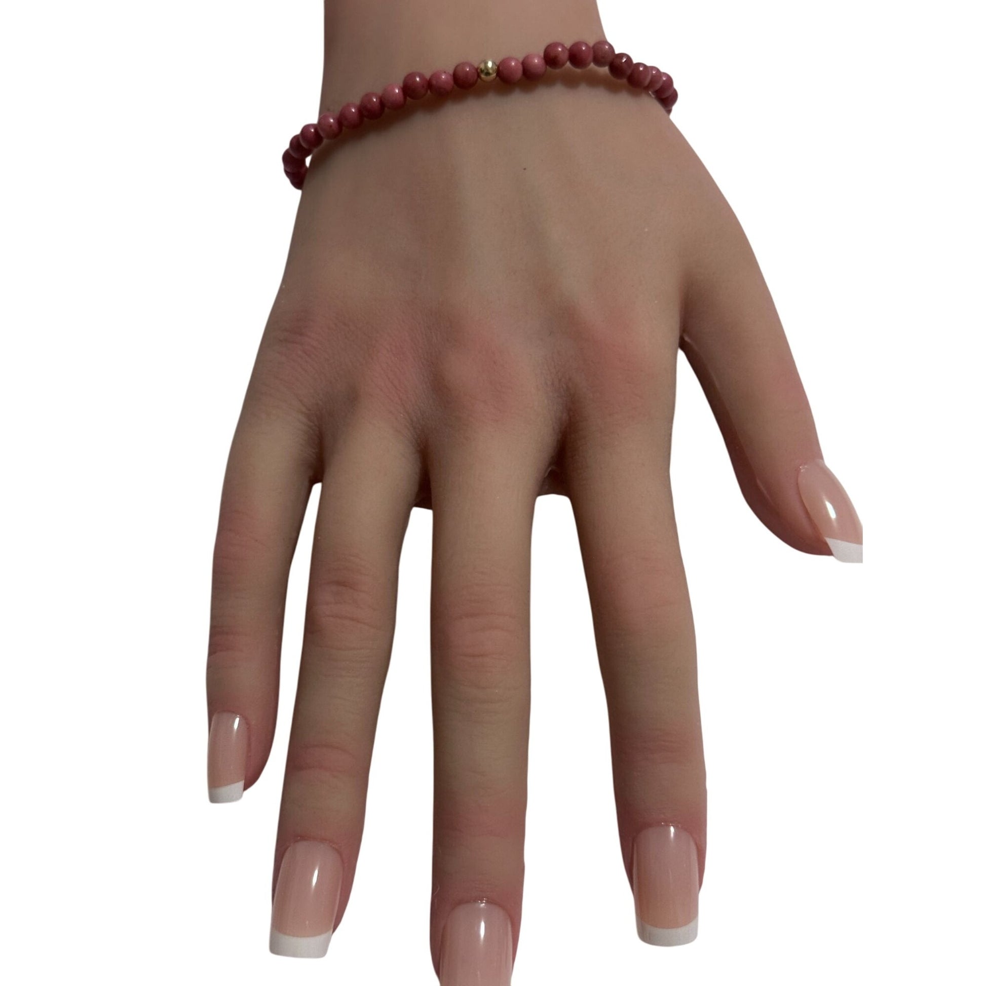 Rhodonite Gemstone Beaded Stretch Bracelet 14K Gold Accent Bead Handmade - Rafant
