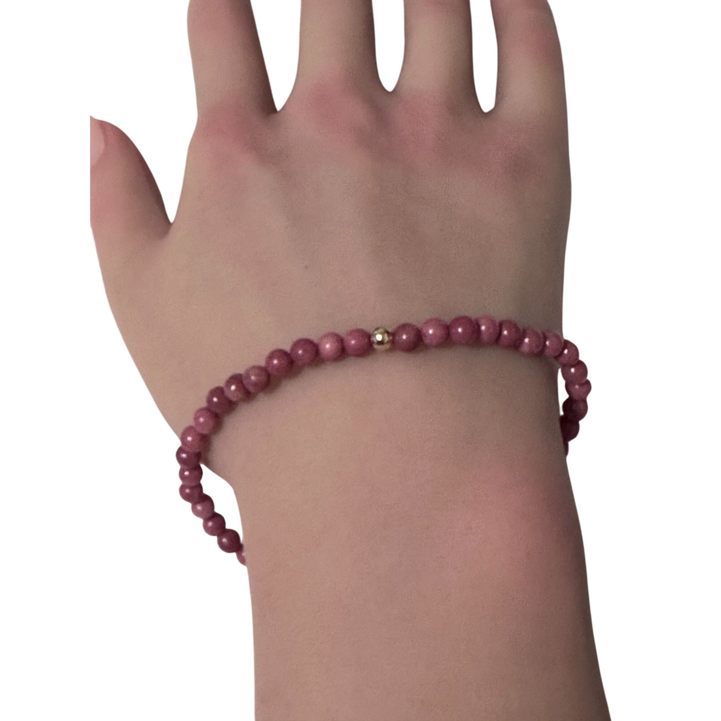 Rhodonite Gemstone Beaded Stretch Bracelet 14K Gold Accent Bead Handmade - Rafant