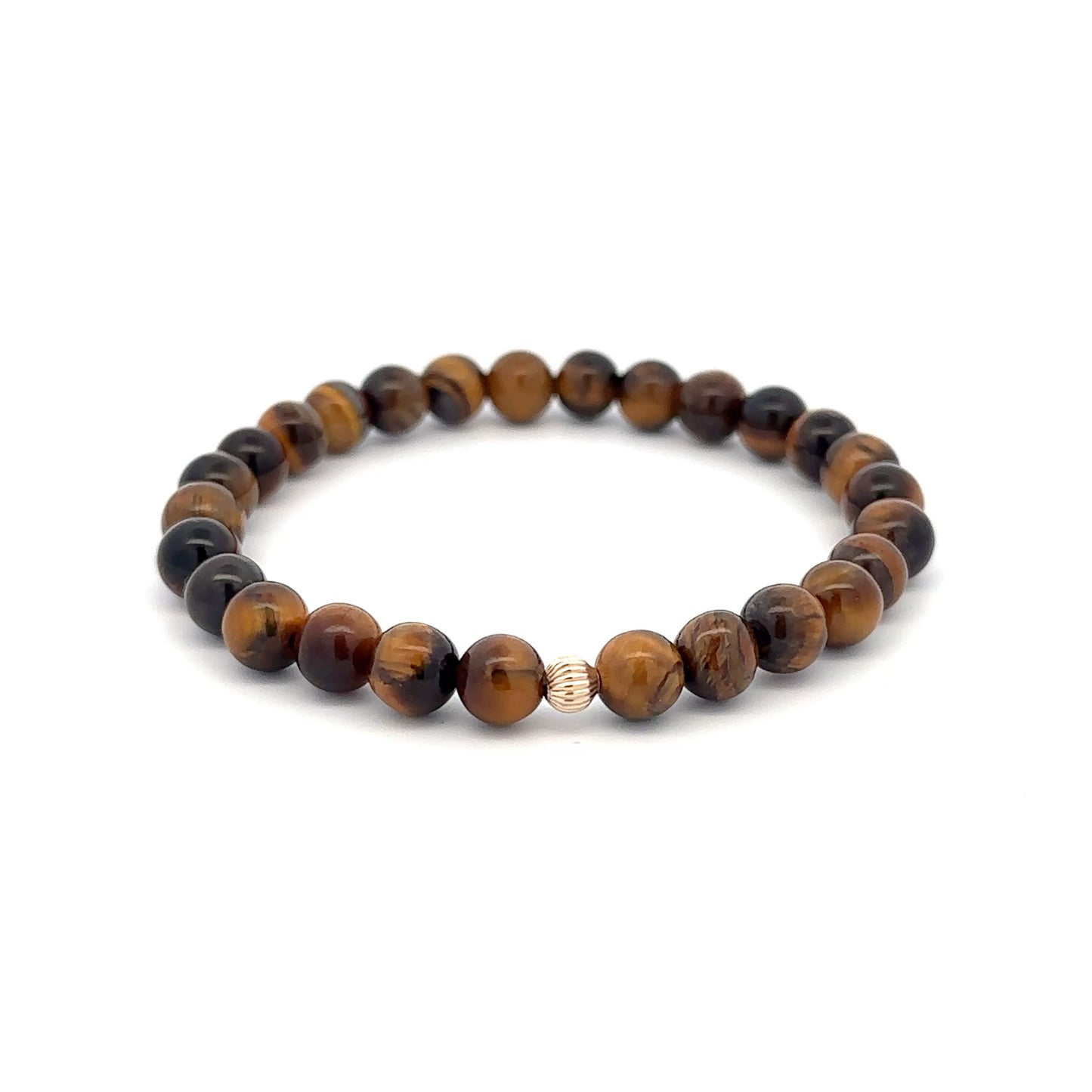 Tiger's Eye Mini 4mm 6mm Gemstone Stretch Bracelet with 14K Gold Accent Bead -Choose Yellow Polished, Stardust, Corrugated, Rose, White Stardust - Rafant