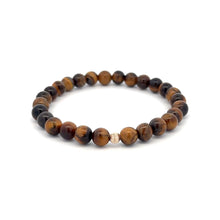Load image into Gallery viewer, Tiger&#39;s Eye Mini 4mm 6mm Gemstone Stretch Bracelet with 14K Gold Accent Bead -Choose Yellow Polished, Stardust, Corrugated, Rose, White Stardust
