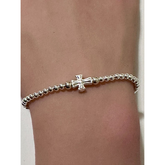 925 Sterling Silver Beaded Stretch Stacking Bracelet Minimalist Cross Religious Charm - Rafant