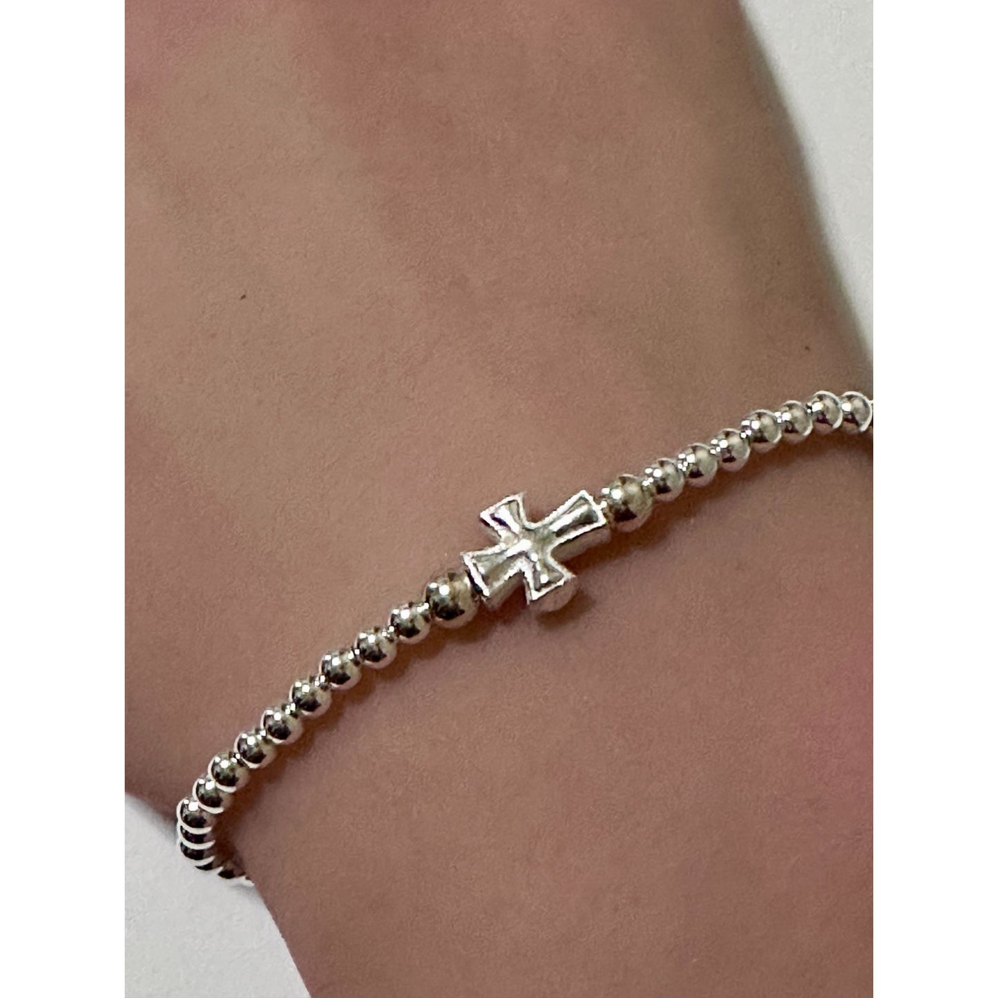 925 Sterling Silver Beaded Stretch Stacking Bracelet Minimalist Cross Religious Charm - Rafant