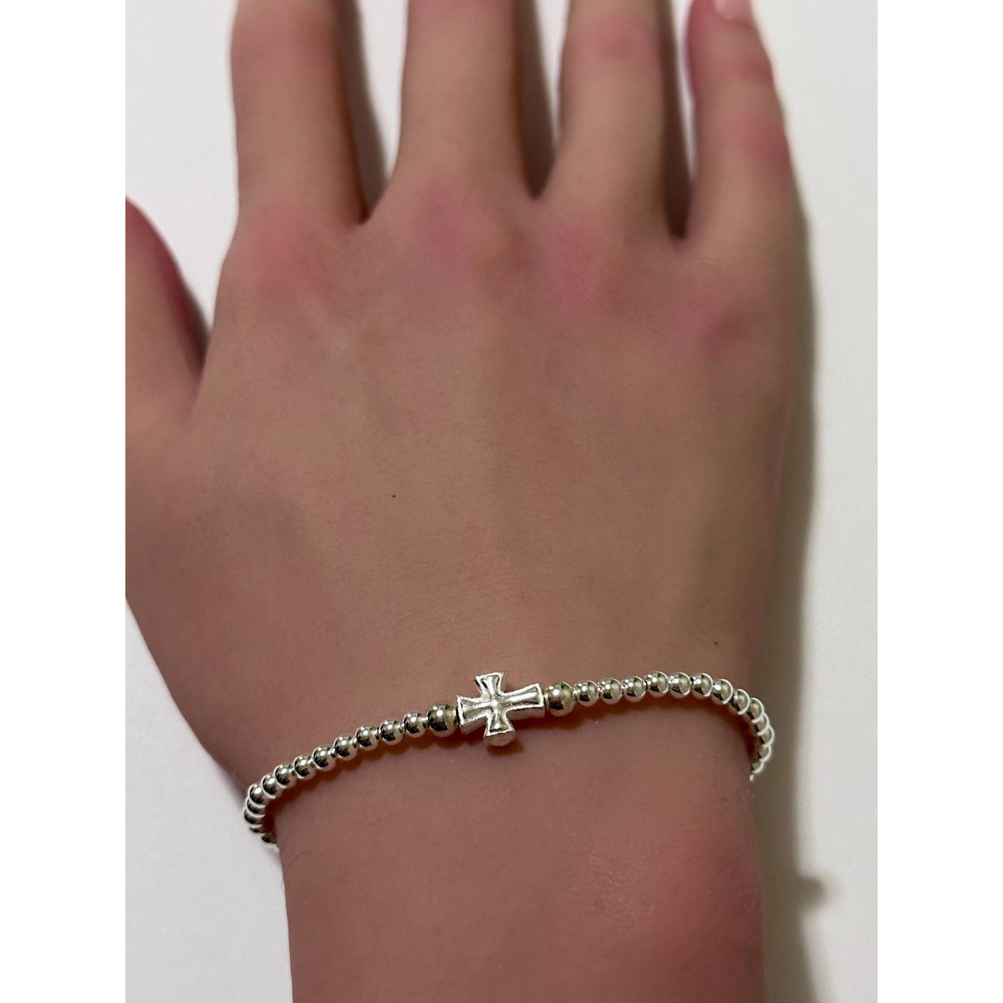 925 Sterling Silver Beaded Stretch Stacking Bracelet Minimalist Cross Religious Charm - Rafant