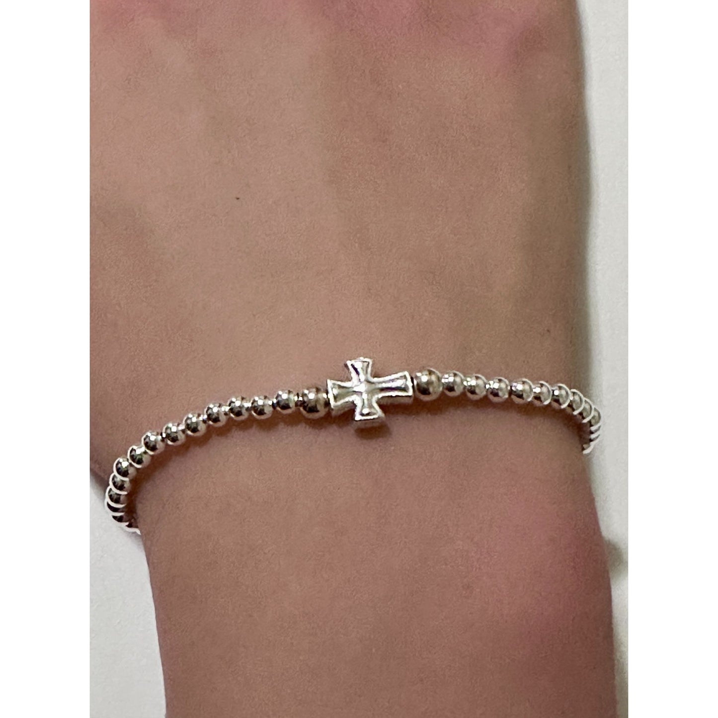 925 Sterling Silver Beaded Stretch Stacking Bracelet Minimalist Cross Religious Charm - Rafant