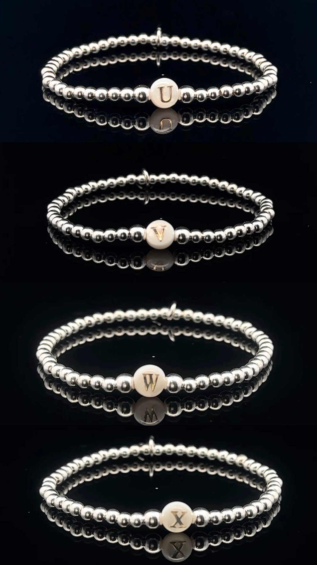 925 Sterling Silver Beaded Stretch Stacking Bracelet MOP Letters Initials - Rafant