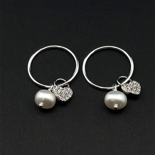 925 Sterling Silver Hoops Earrings Freshwater Heart Interchangeable Modular - Rafant