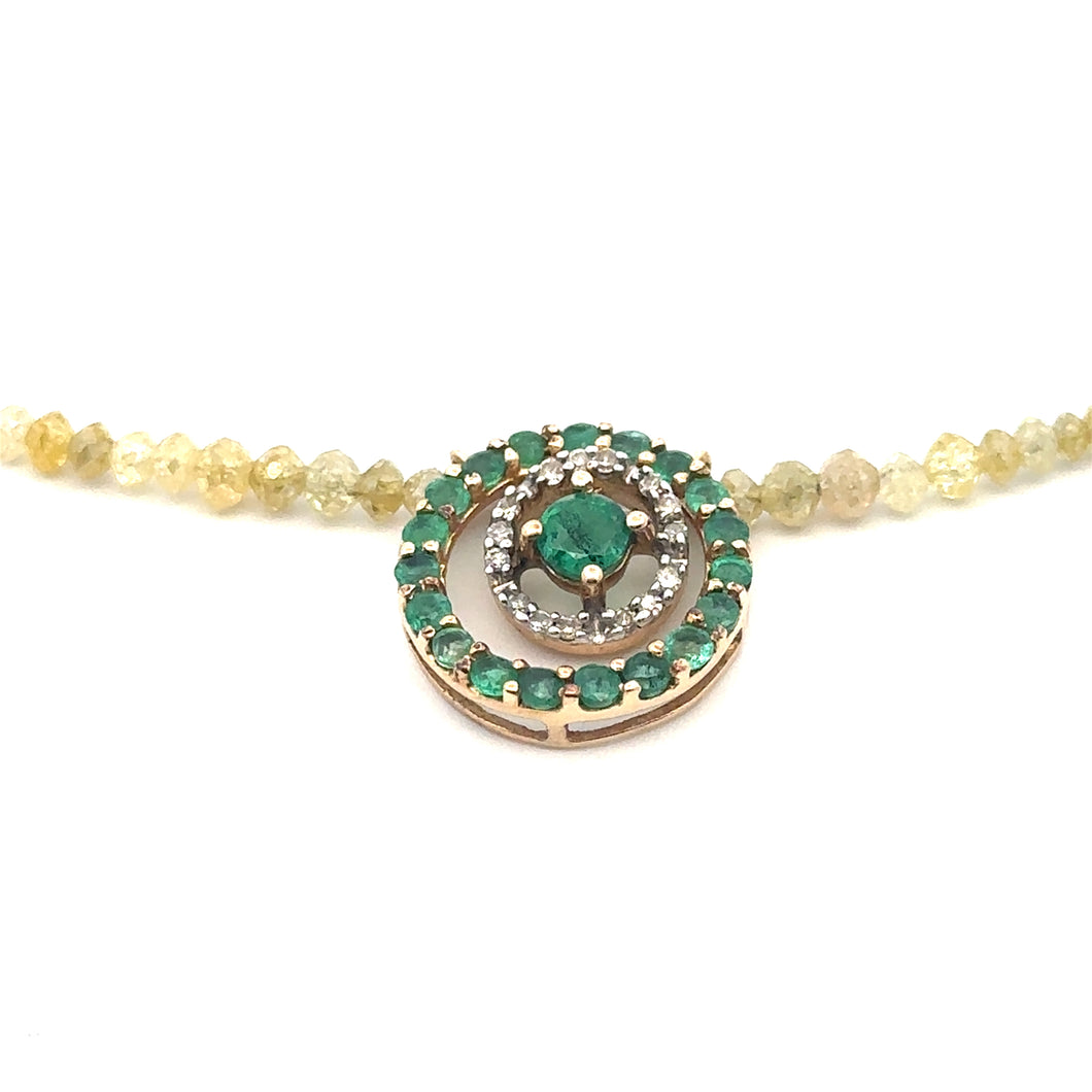Yellow Gray Natural Faceted Diamonds 1.8 mm - 3mm and Emerald Pendant with Diamonds in 14k Gold 14 inches Choker - Rafant