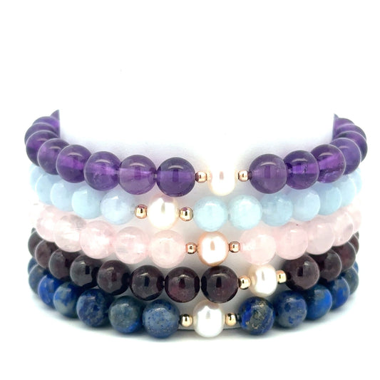 14K Solid Gold Tiny Beads Freshwater Pearl Stretch Gemstone Birthstone Bracelet - Rafant