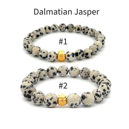 Natural Dalmatian Jasper Gemstones 6mm-8mm 24k Gold Money Bag Charm Stretch Bracelet - Rafant