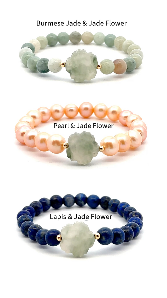 Natural Gemstones Cultured Pearl Stretch Bracelet and Jade Carved Flower with 18k Tiny Beads - Rafant