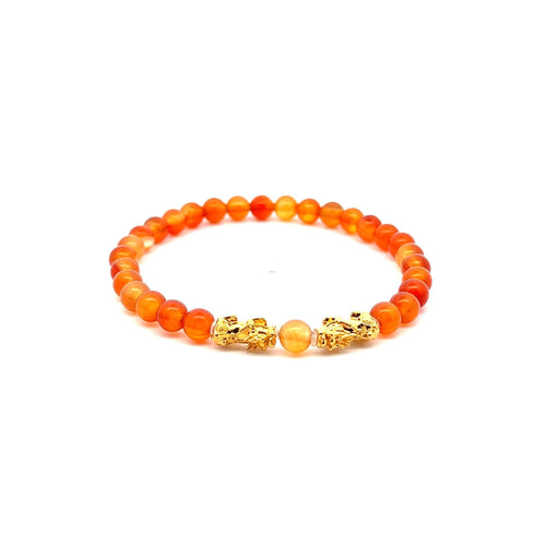 18K Gold Pixiu Piyao Lucky Charm Bracelet Gemstones July Birthstones Carnelian 6mm Size 6