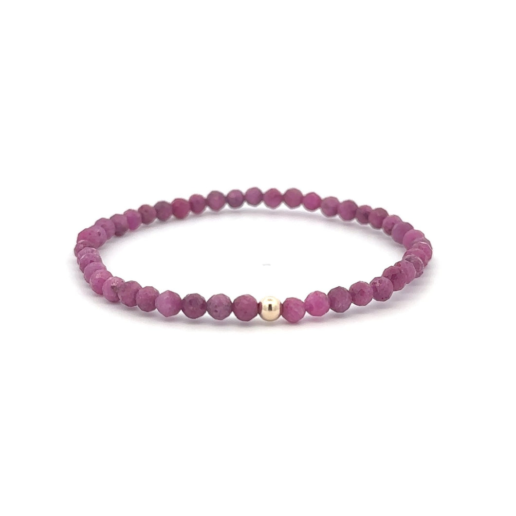 Ruby Micro Faceted Gemstone Beaded Stretch Bracelet with 14K Gold Accent Bead Handmade Natural Stone Jewelry