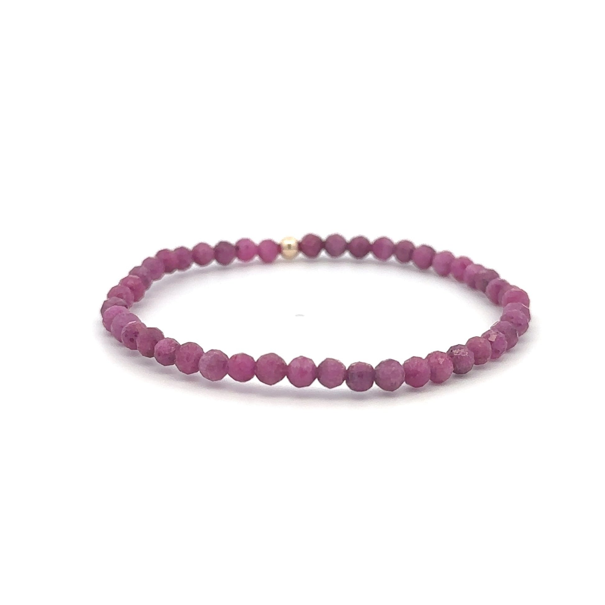 Ruby Micro Faceted Gemstone Beaded Stretch Bracelet with 14K Gold Accent Bead Handmade Natural Stone Jewelry - Rafant