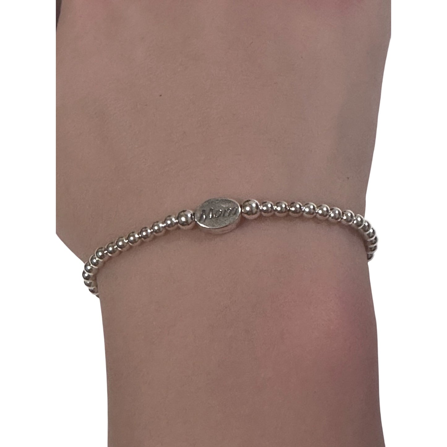 925 Sterling Silver Beaded Stretch Stacking Bracelet Minimalist Choose: Friends,Forever,Joy,Mom - Rafant