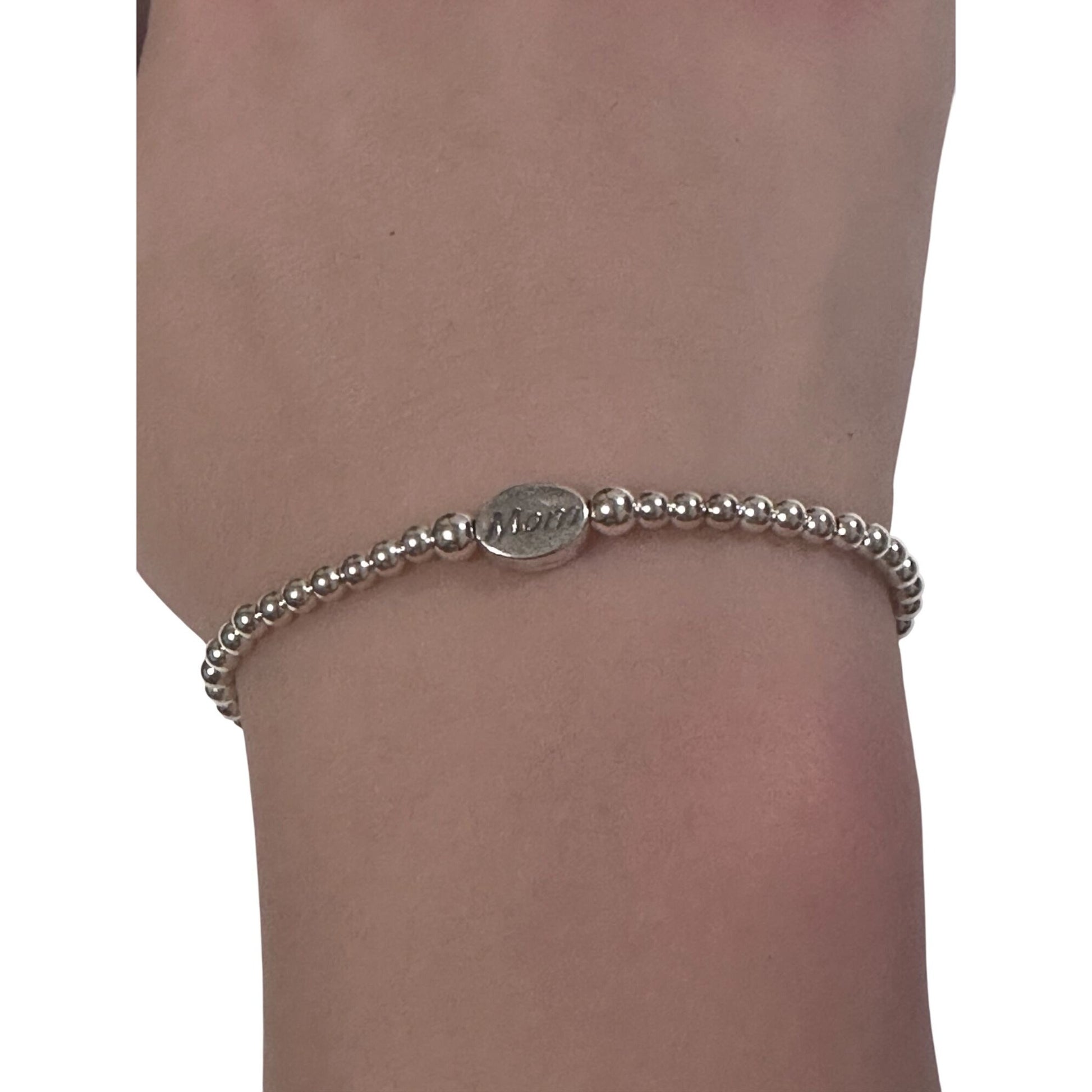 925 Sterling Silver Beaded Stretch Stacking Bracelet Minimalist Choose: Friends,Forever,Joy,Mom - Rafant