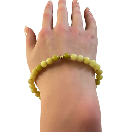 Natural Lemon Jade Gemstones 6mm Stretchable Bracelet 18k Gold Bead Charm Size 7 inches - Rafant