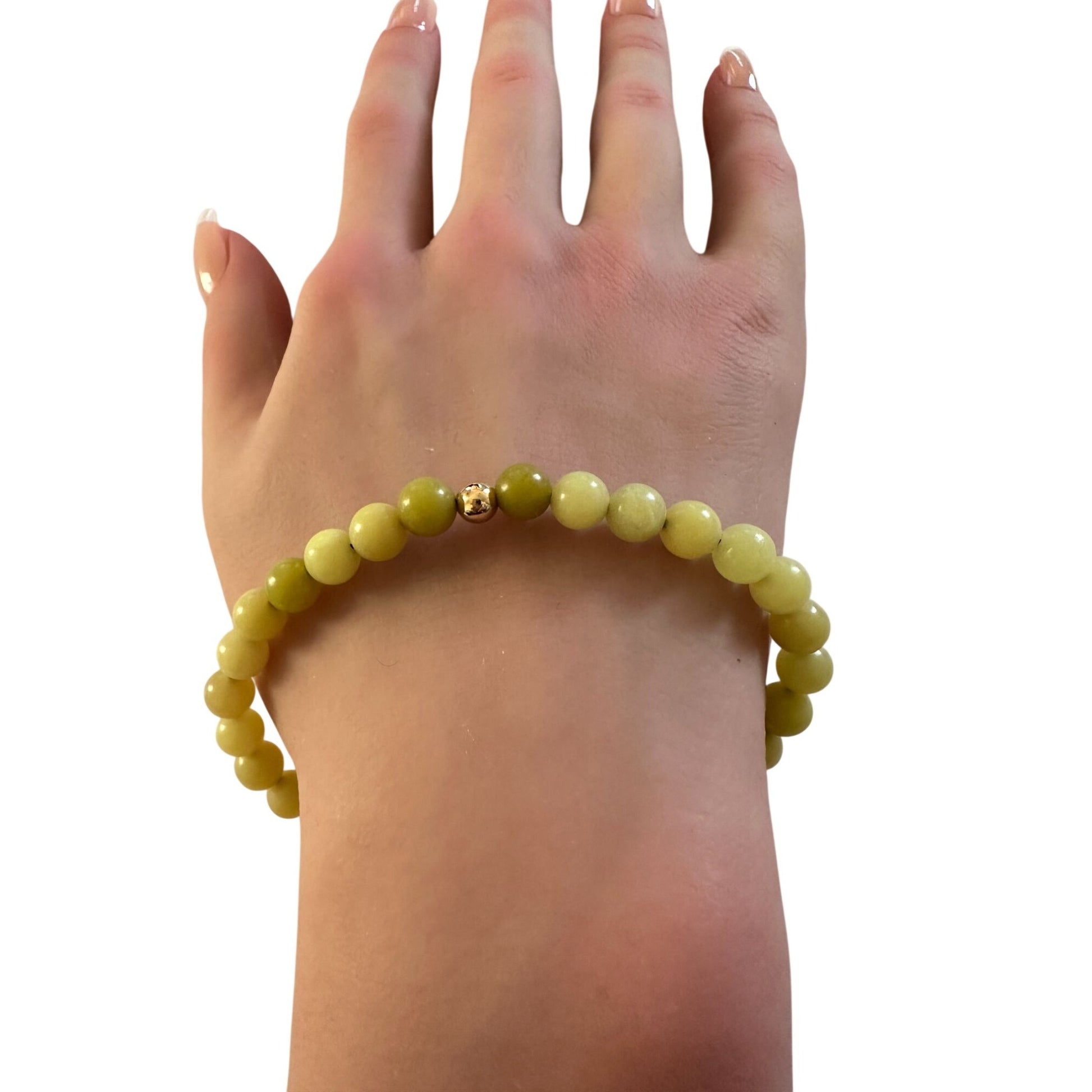 Natural Lemon Jade Gemstones 6mm Stretchable Bracelet 18k Gold Bead Charm Size 7 inches - Rafant
