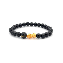 Load image into Gallery viewer, 18K Gold Pixiu Piyao Bracelet Natural Gemstones Onyx 6mm Elastic Bracelet Letter Initial Agate S6.5&quot;
