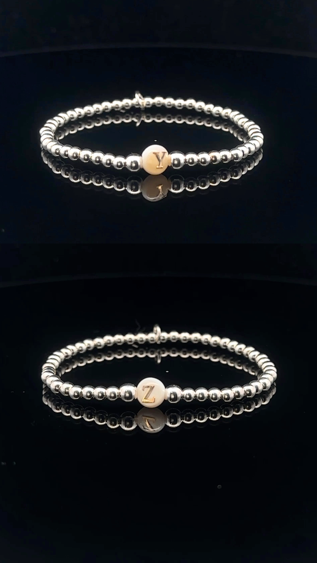 925 Sterling Silver Beaded Stretch Stacking Bracelet MOP Letters Initials - Rafant