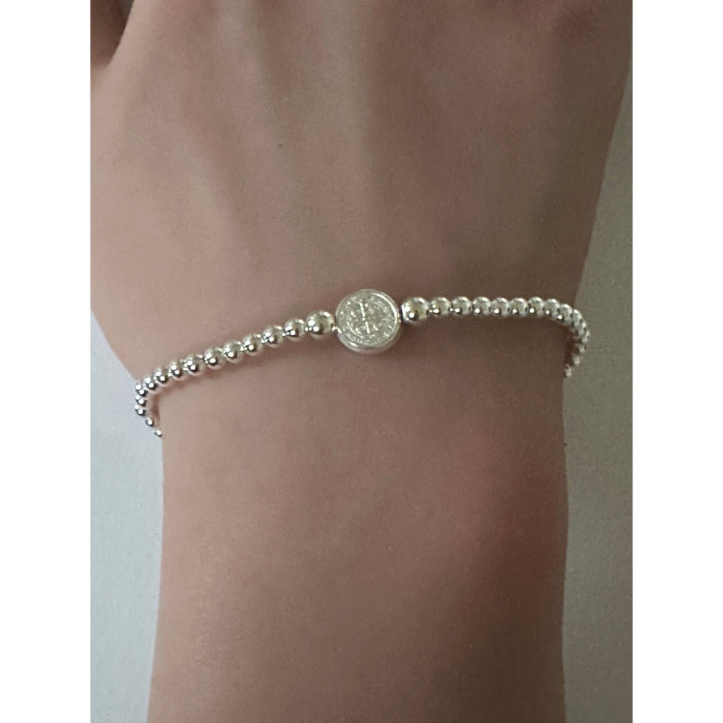 925 Sterling Silver Beaded Stretch Stacking Bracelet St. Benedict Religious Charm Minimalist - Rafant