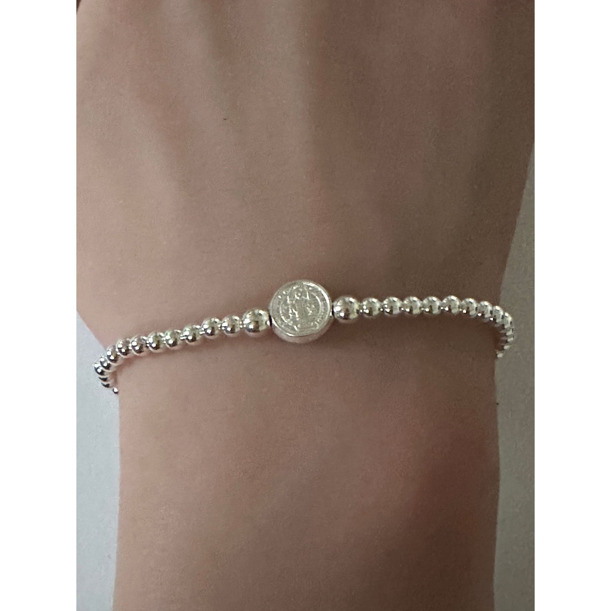 925 Sterling Silver Beaded Stretch Stacking Bracelet St. Benedict Religious Charm Minimalist - Rafant