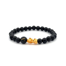 Load image into Gallery viewer, 18K Gold Pixiu Piyao Bracelet Natural Gemstones Onyx 6mm Elastic Bracelet Letter Initial Agate S6.5&quot;
