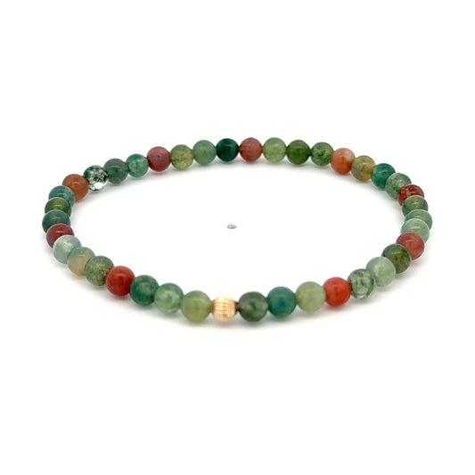 Multicolor Moss Agate Stretch Bracelet with 14K Gold Bead, 4mm, 6.5″