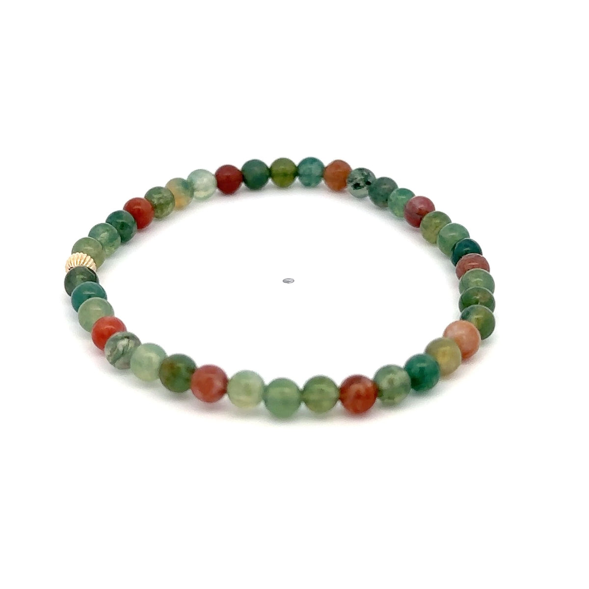 Multicolor Moss Agate Stretch Bracelet with 14K Gold Bead, 4mm, 6.5″
