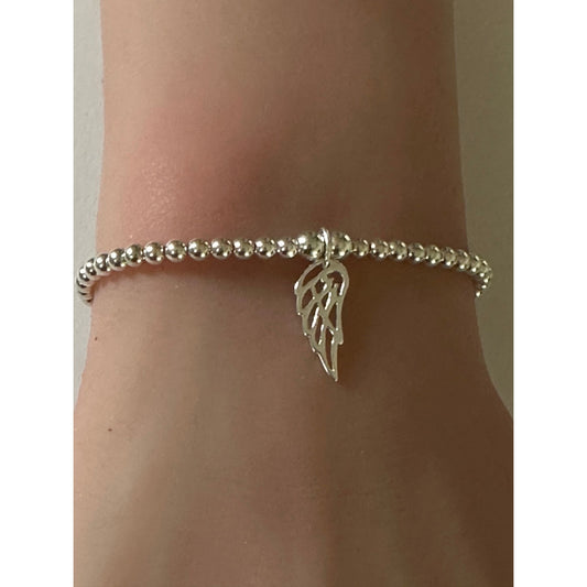 925 Sterling Silver Beaded Stretch Stacking Bracelet Wing Charm Minimalist Size 7" - Rafant