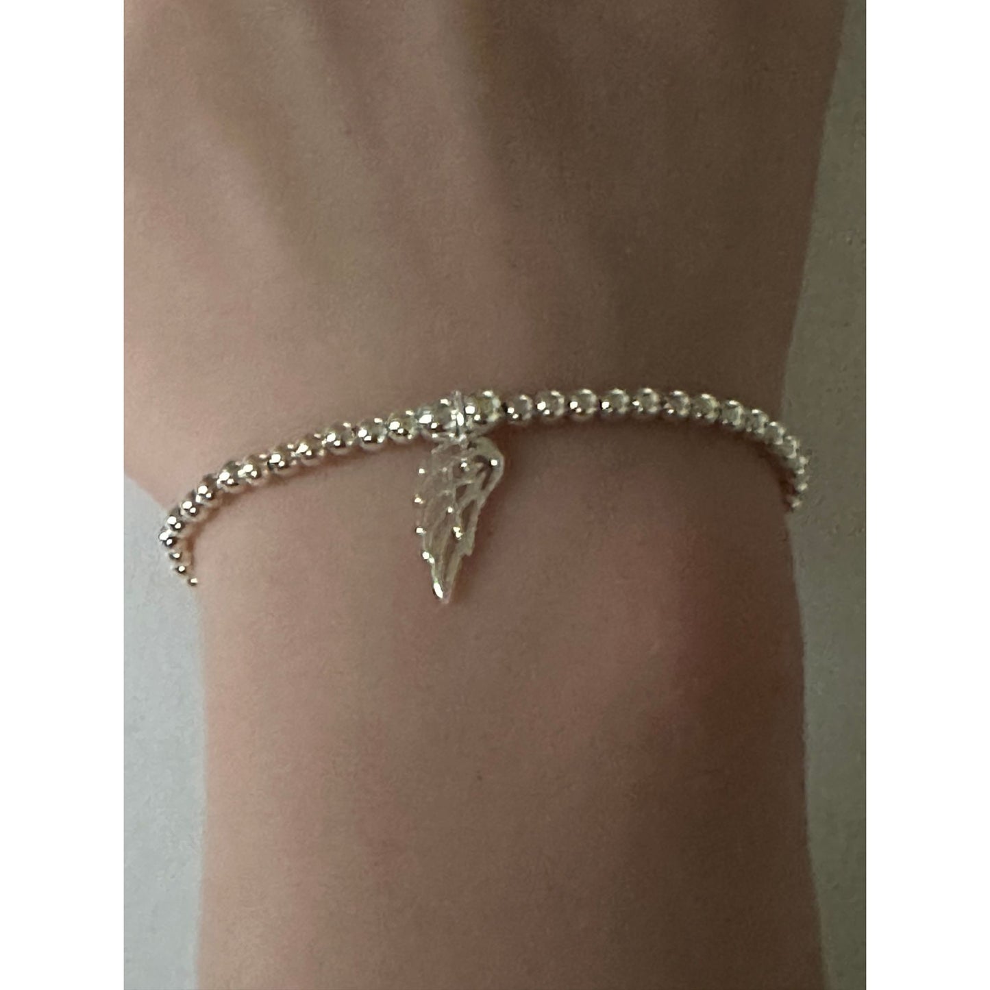 925 Sterling Silver Beaded Stretch Stacking Bracelet Wing Charm Minimalist Size 7" - Rafant