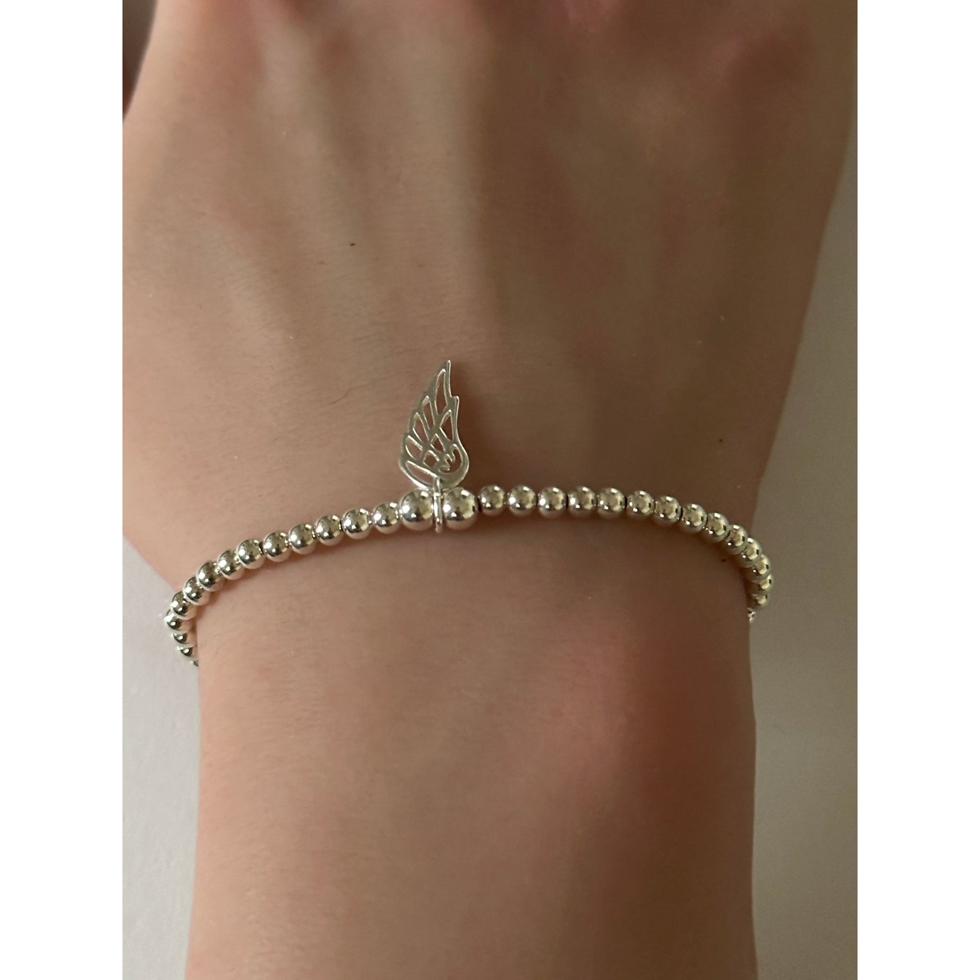 925 Sterling Silver Beaded Stretch Stacking Bracelet Wing Charm Minimalist Size 7" - Rafant