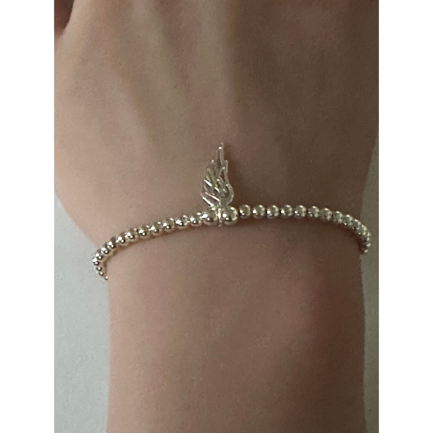 925 Sterling Silver Beaded Stretch Stacking Bracelet Wing Charm Minimalist Size 7" - Rafant