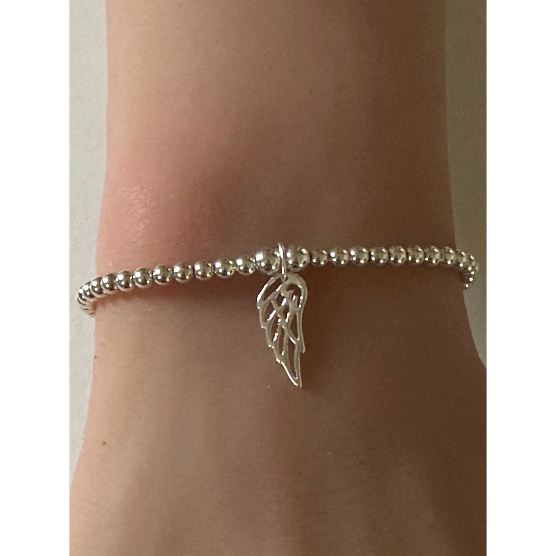 925 Sterling Silver Beaded Stretch Stacking Bracelet Wing Charm Minimalist Size 7" - Rafant