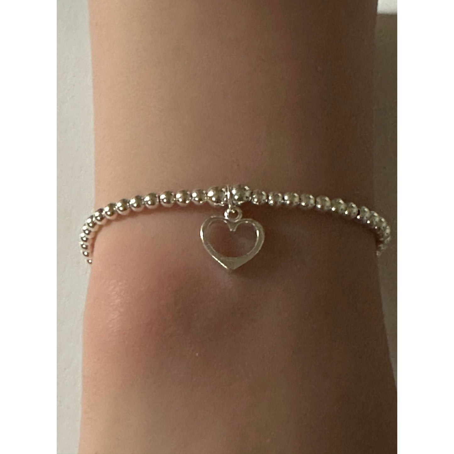925 Sterling Silver Beaded Stretch Stacking Bracelet Open Heart Charm Minimalist Size 7" - Rafant