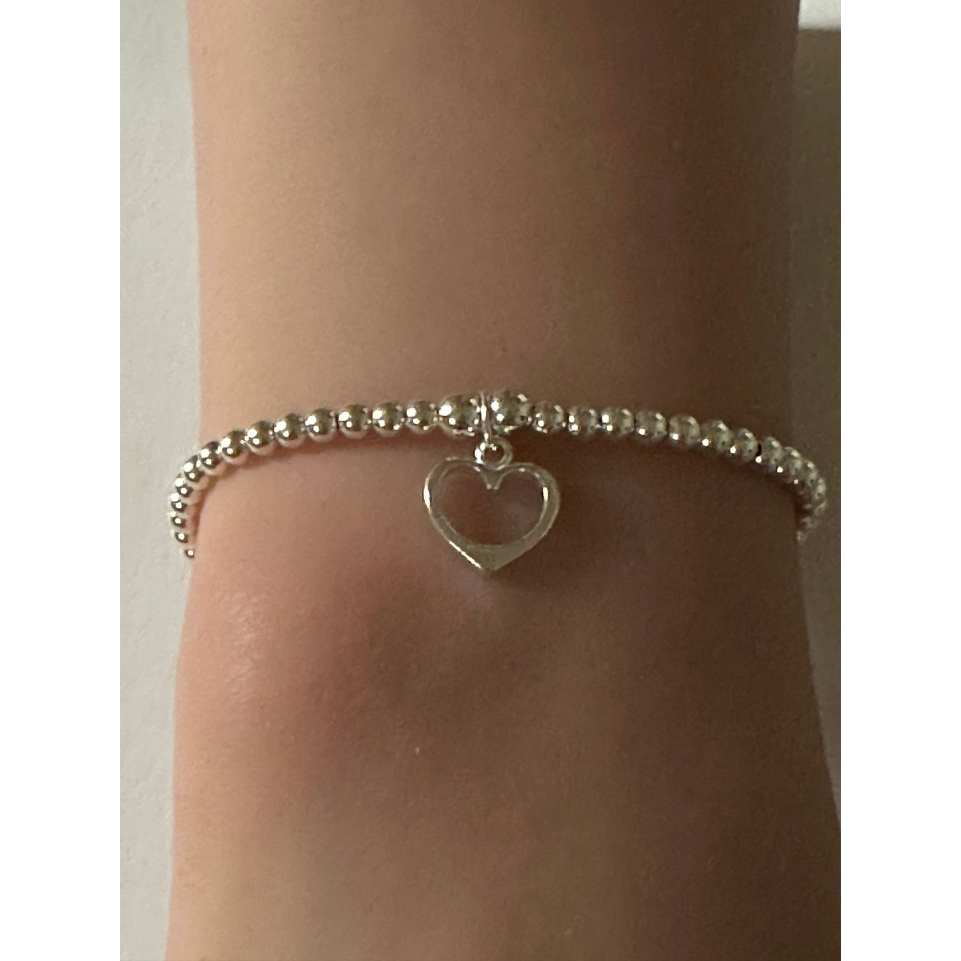 925 Sterling Silver Beaded Stretch Stacking Bracelet Open Heart Charm Minimalist Size 7" - Rafant