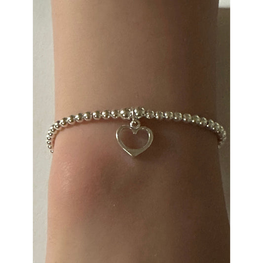 925 Sterling Silver Beaded Stretch Stacking Bracelet Open Heart Charm Minimalist Size 7" - Rafant