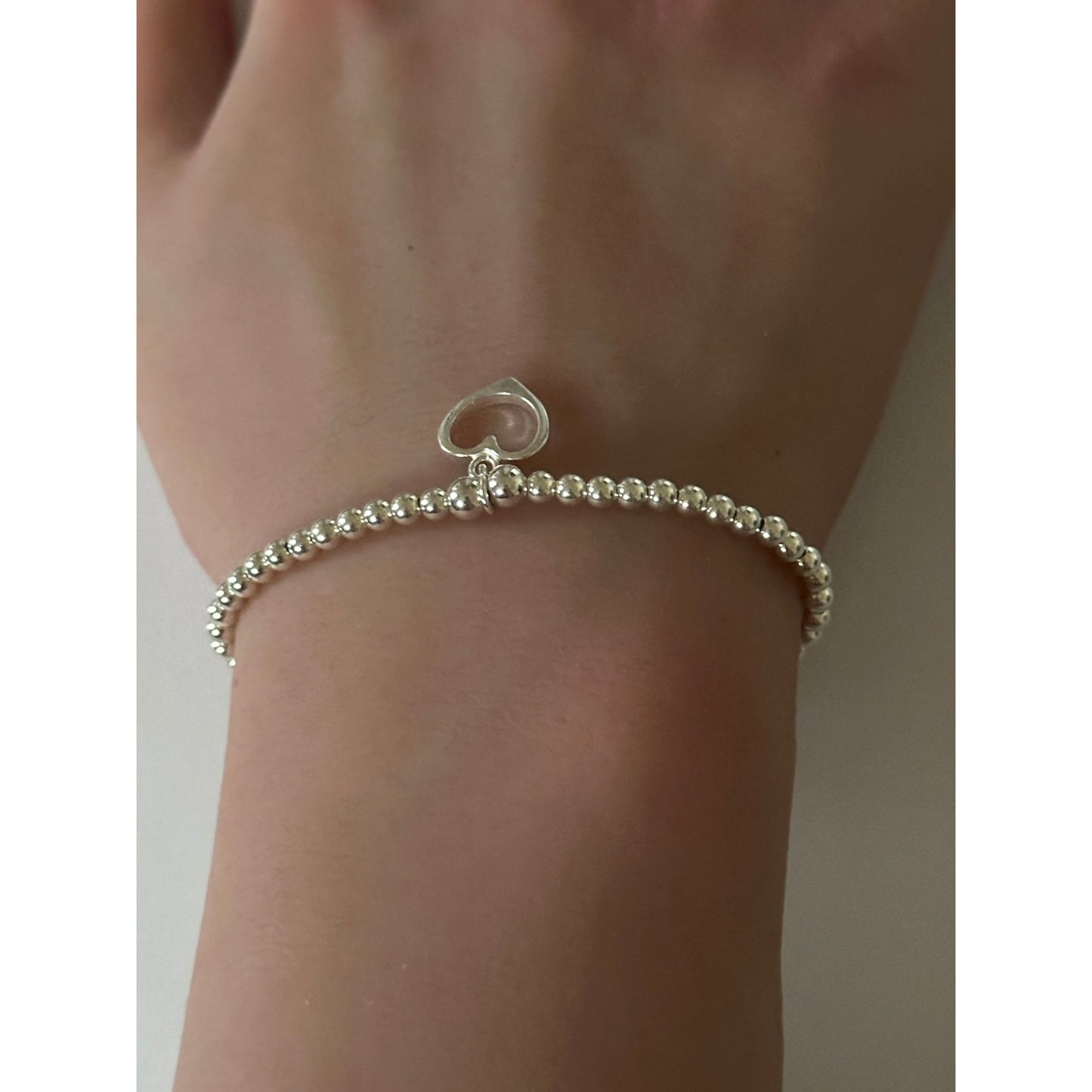 925 Sterling Silver Beaded Stretch Stacking Bracelet Open Heart Charm Minimalist Size 7" - Rafant