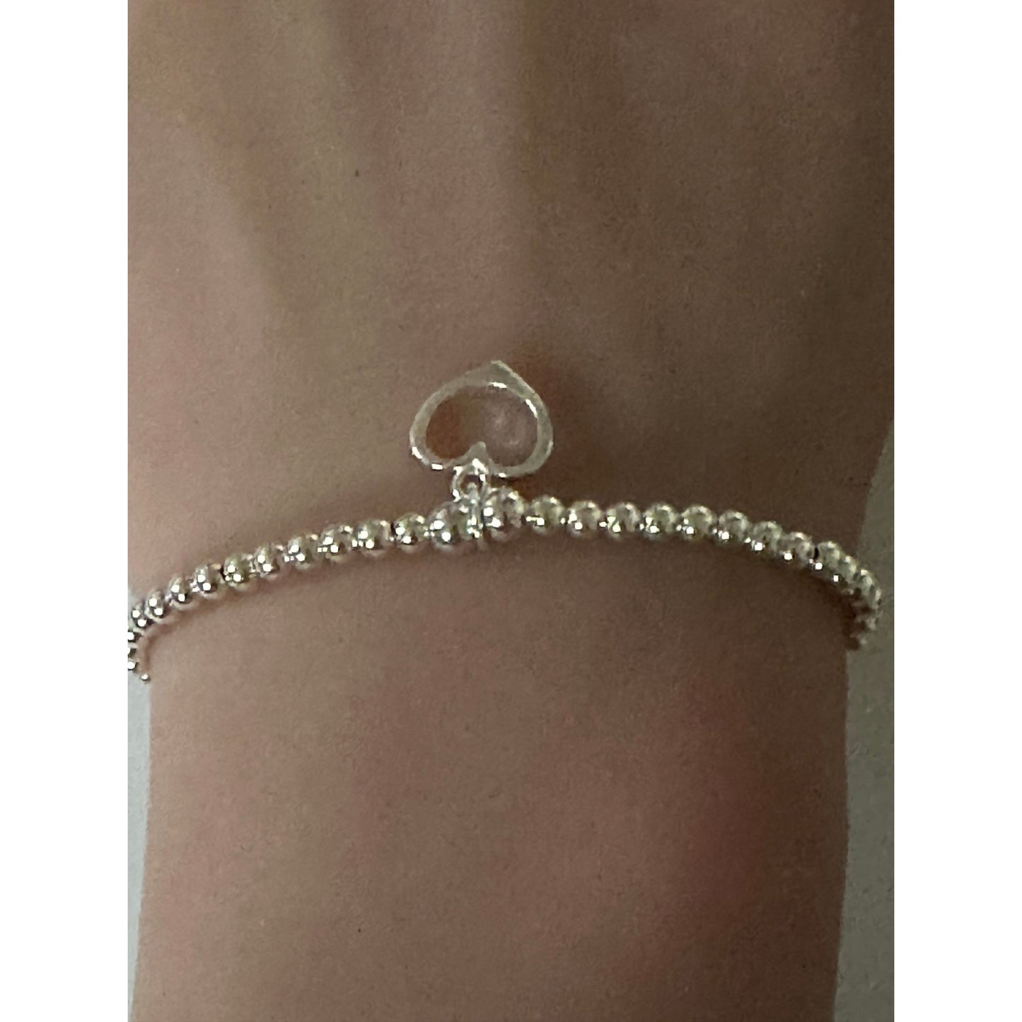 925 Sterling Silver Beaded Stretch Stacking Bracelet Open Heart Charm Minimalist Size 7" - Rafant