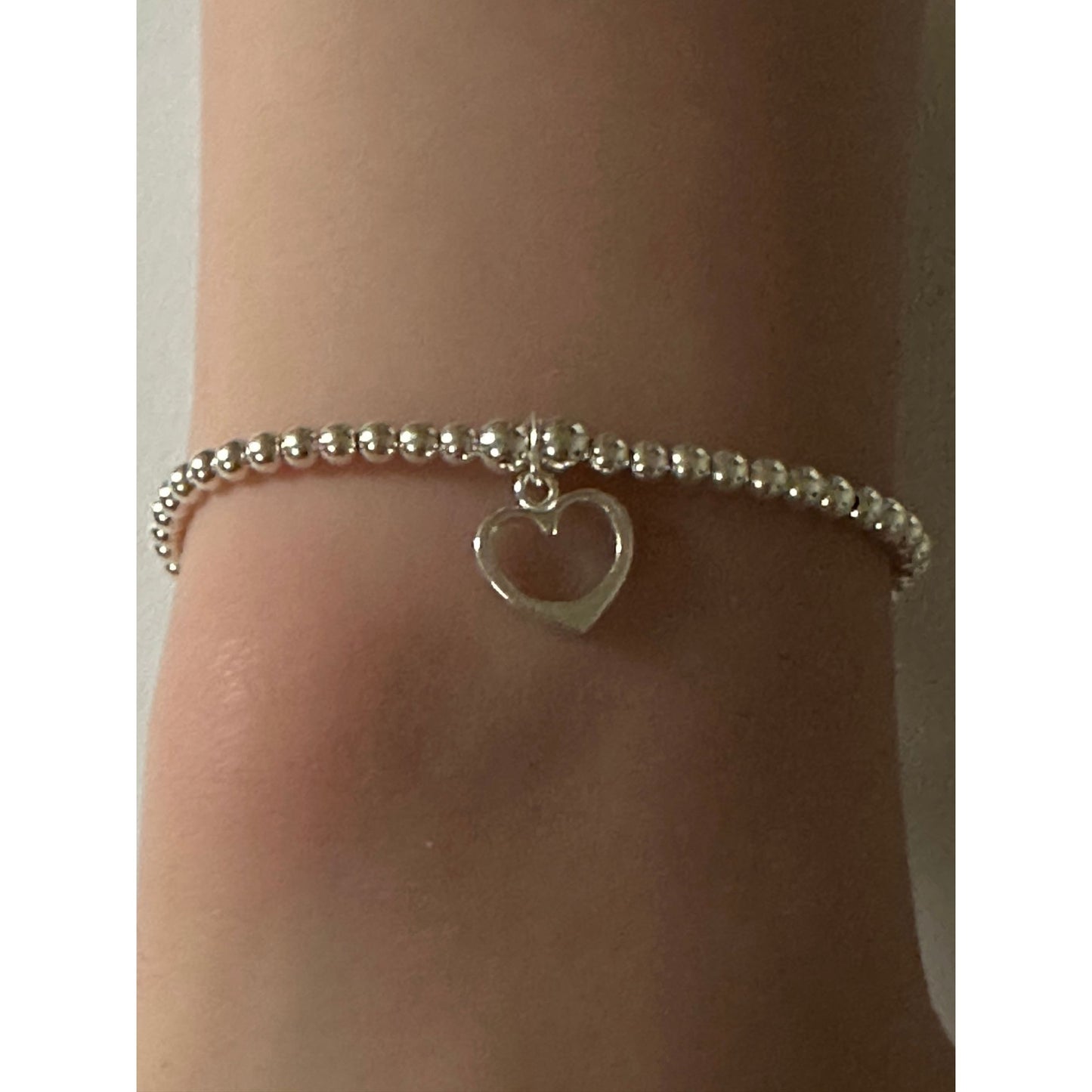 925 Sterling Silver Beaded Stretch Stacking Bracelet Open Heart Charm Minimalist Size 7" - Rafant