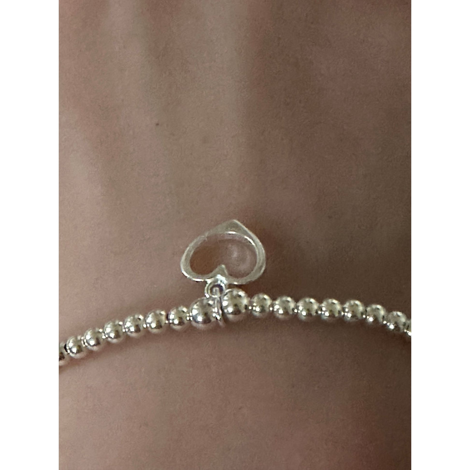 925 Sterling Silver Beaded Stretch Stacking Bracelet Open Heart Charm Minimalist Size 7" - Rafant