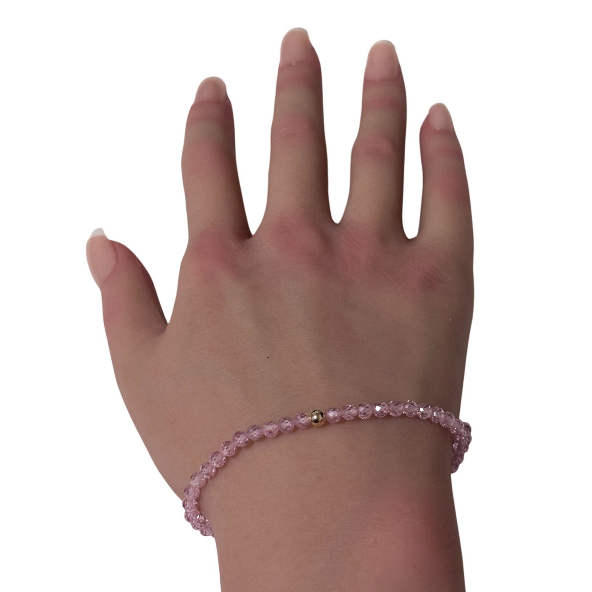 Cubic Zirconia Micro Faceted Gemstone Beaded Stretch Bracelet 14K Gold Accent Bead Handmade - Rafant