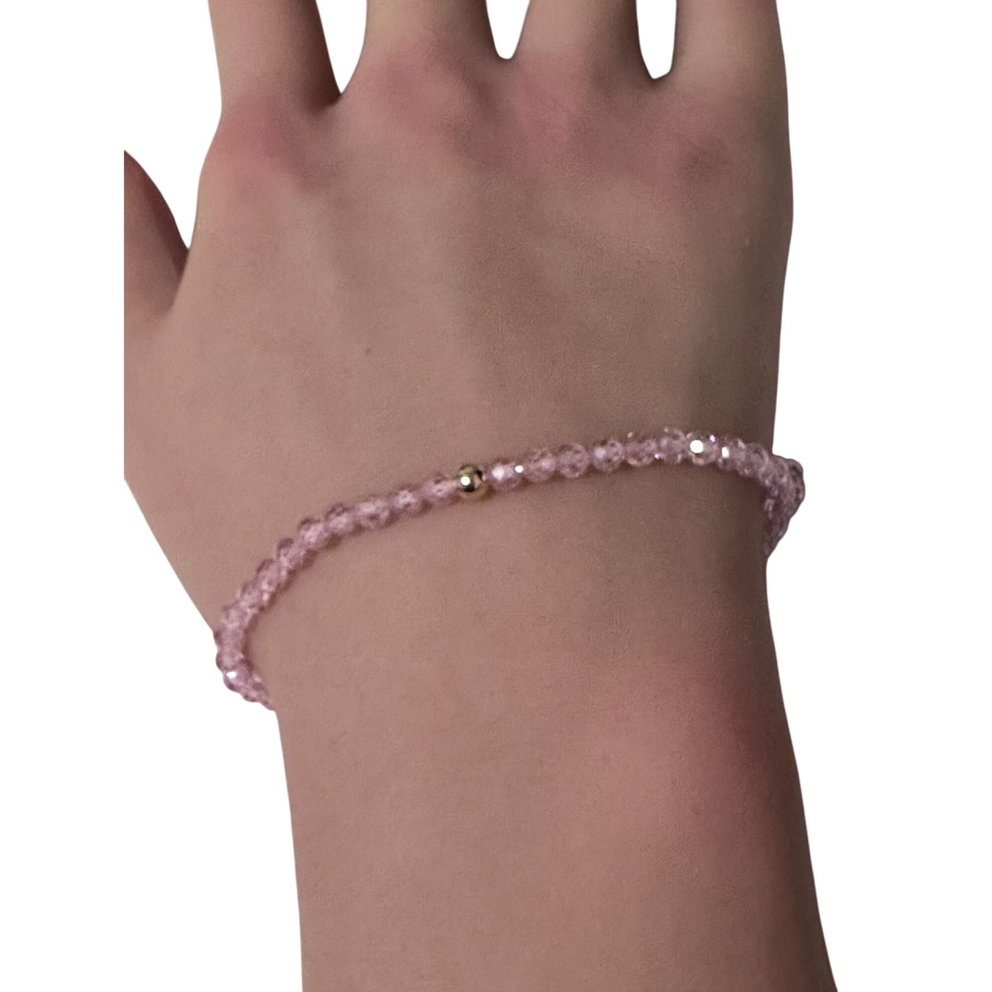 Cubic Zirconia Micro Faceted Gemstone Beaded Stretch Bracelet 14K Gold Accent Bead Handmade - Rafant