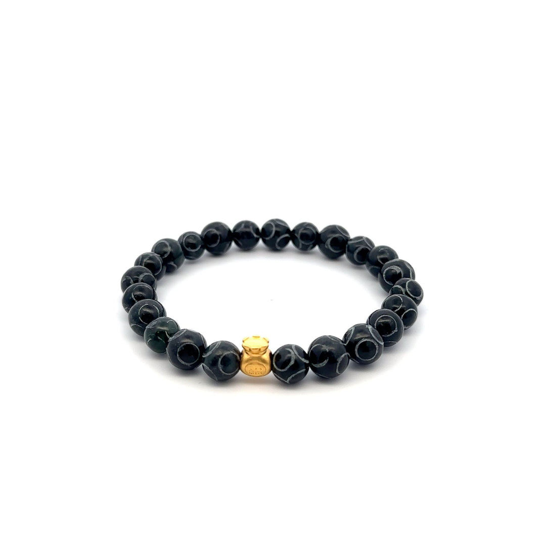 24K Gold Money Bag Lucky Charm Bracelet Gemstones Natural Black Carved Jade 8mm Size 6.5
