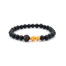 Load image into Gallery viewer, 18K Gold Pixiu Piyao Bracelet Natural Gemstones Onyx 6mm Elastic Bracelet Letter Initial Agate S6.5&quot;
