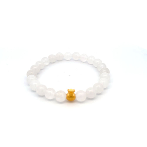 24K Gold Money Bag Lucky Charm Bracelet Gemstones Natural White Jade 8mm Size 7inches - Rafant