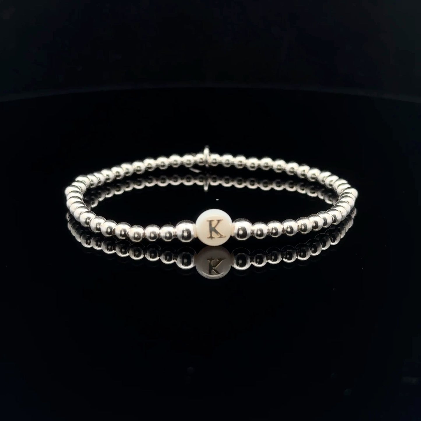 925 Sterling Silver Beaded Stretch Stacking Bracelet MOP Letters Initials - Rafant