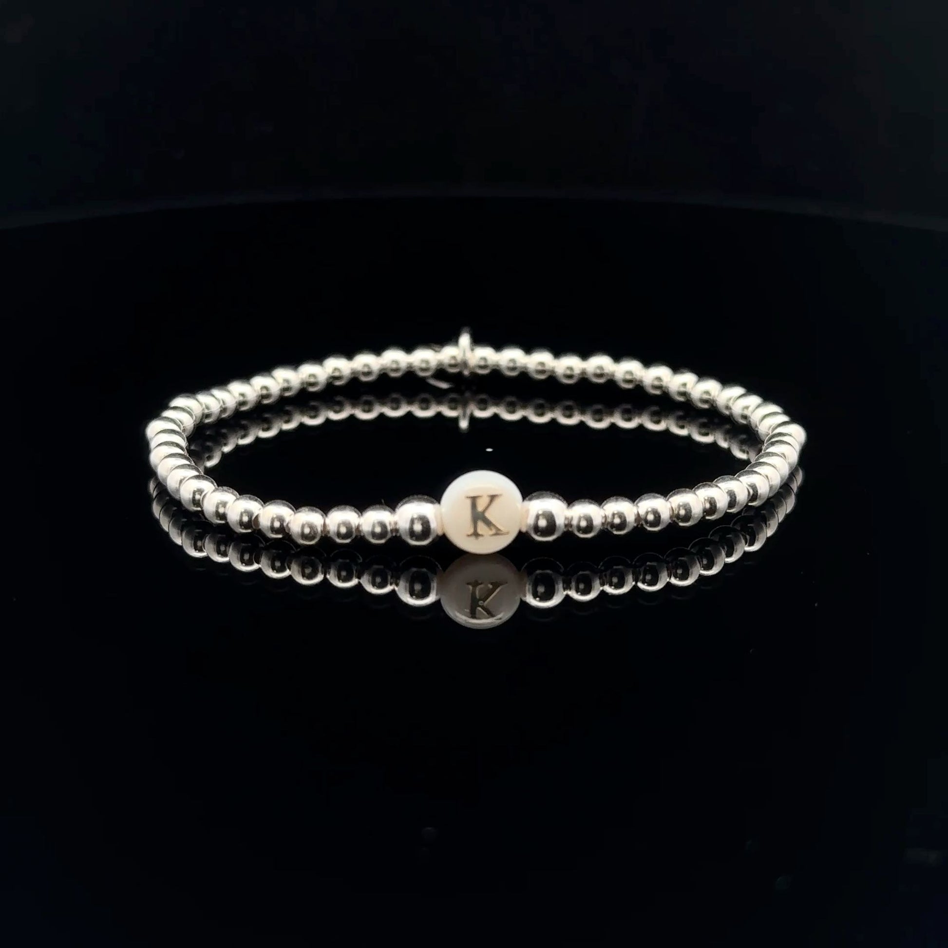 925 Sterling Silver Beaded Stretch Stacking Bracelet MOP Letters Initials - Rafant