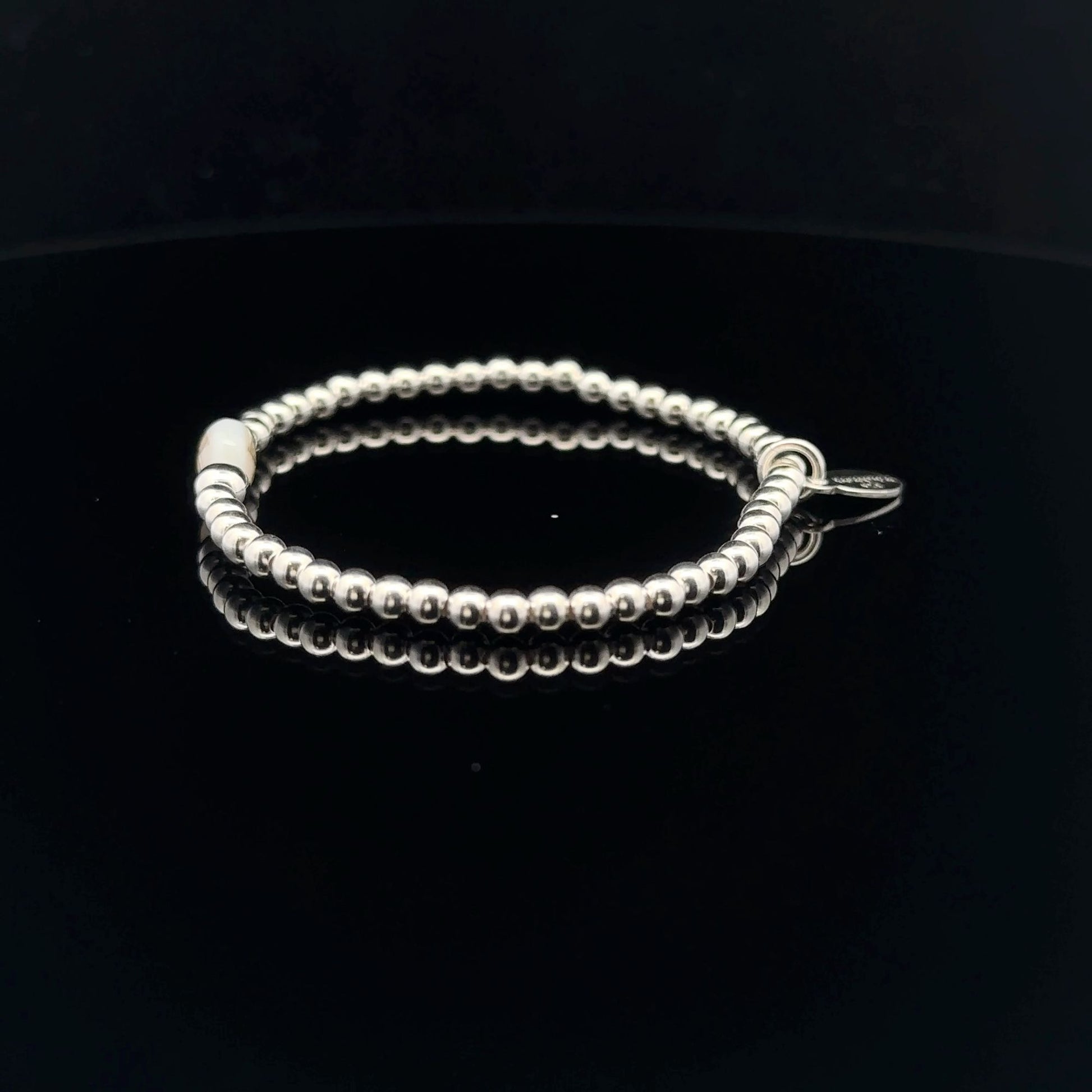 925 Sterling Silver Beaded Stretch Stacking Bracelet MOP Letters Initials - Rafant