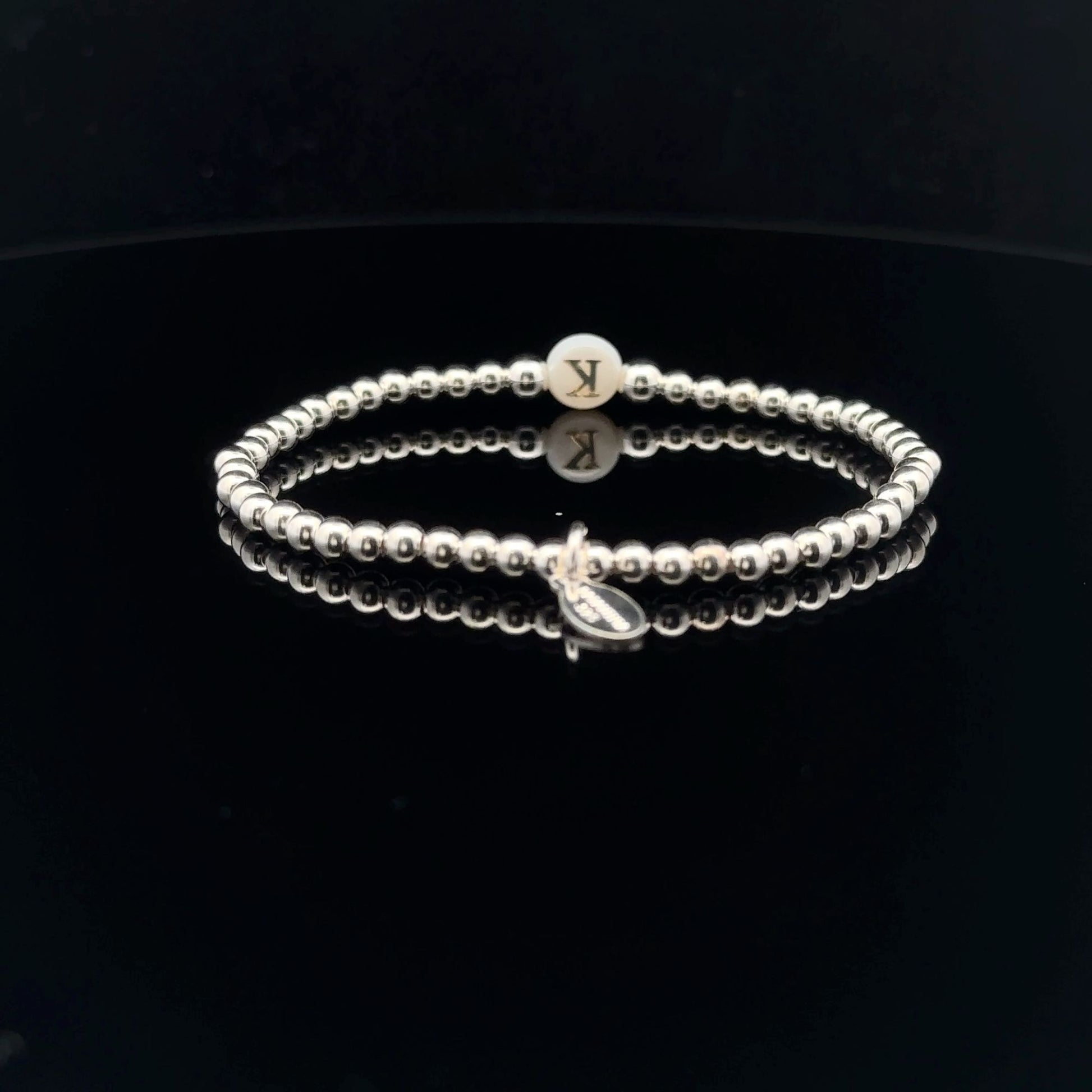 925 Sterling Silver Beaded Stretch Stacking Bracelet MOP Letters Initials - Rafant